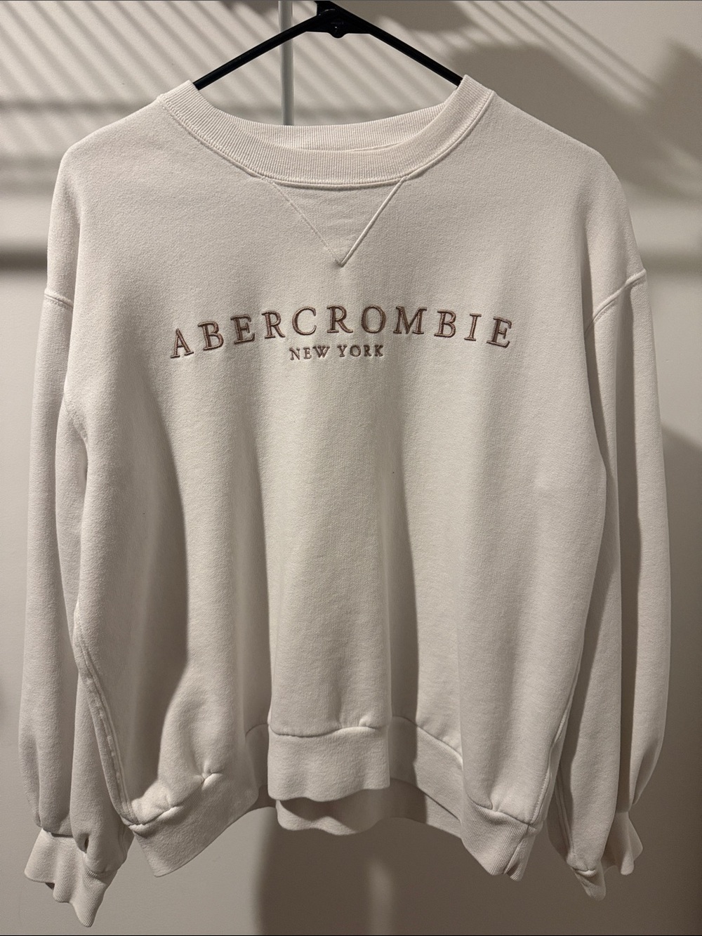 Abercrombie & Fitch Cream Crewneck with Rose-Tan Embroidered Logo